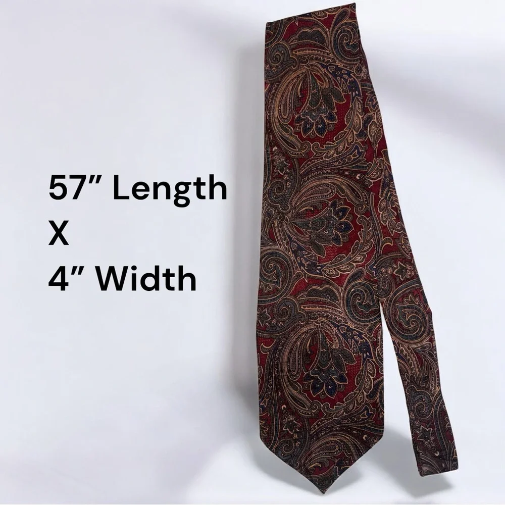 Matinle 100% Silk Paisley Tie Burgundy Navy Gold Hand Made 57”L x 4”W